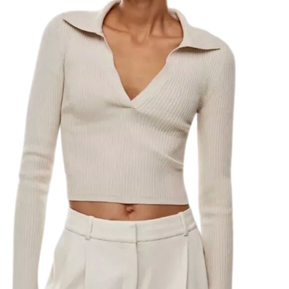 Aritzia Sculpt Knit Long Sleeve Polo | Matte Pearl | Size M | - Picture 2 of 6